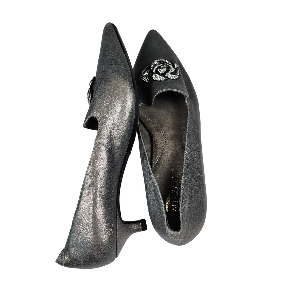 Aerosoles Best Dressed Metallic Pewter Leather Rose Rhinestone Kitten Heels 10M - Picture 7 of 9
